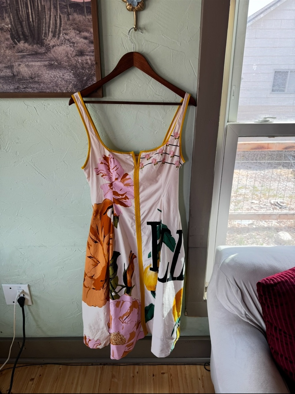 Floral Lemon Print Square-Neck Midi Dress in Cream and Pink - Picture 3 of 10